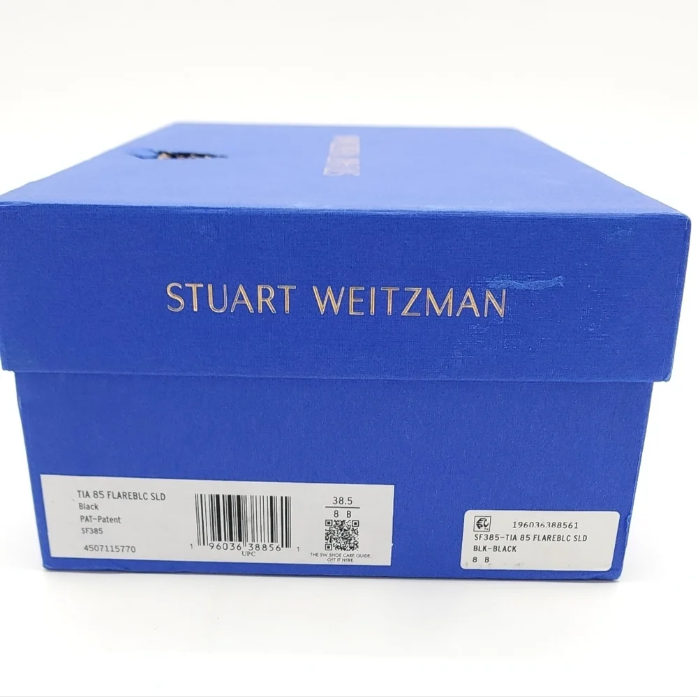 $525 Stuart Weitzman TIA 85 Flareblock Black Patent Open Toe Slide Size 8